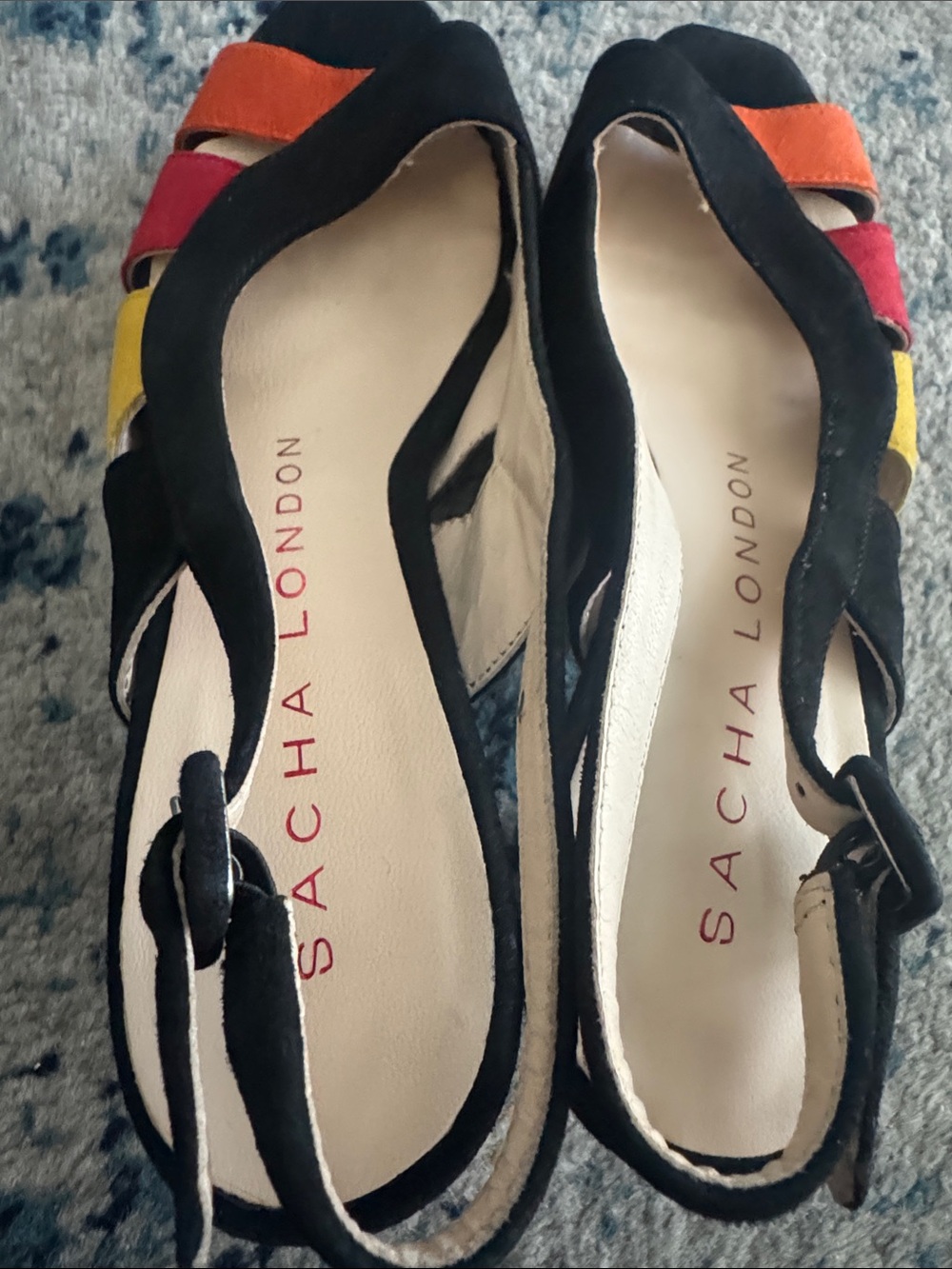 Sacha London Black Suede Slingback Sandals with Red, Orange and Yellow Straps